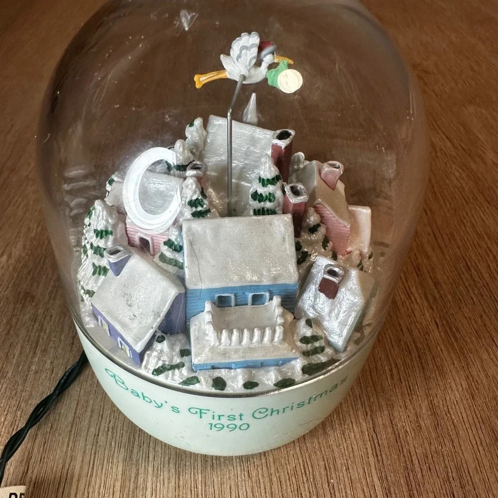 Babys First Christmas 1990 Ornament Snow Globe Village Stork Delivery Light Up